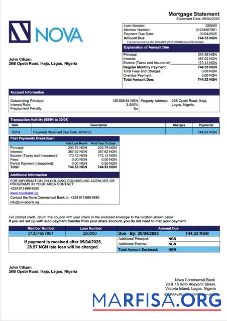 Realistic Nigeria Nova Commercial Bank mortgage statement Word and PDF template